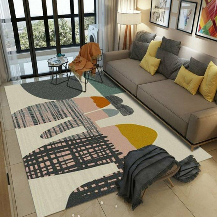 Multicolored modern rug polyester graphic print area rug machine washable non-slip backing stain-resistant rug for the living room | Bowlift