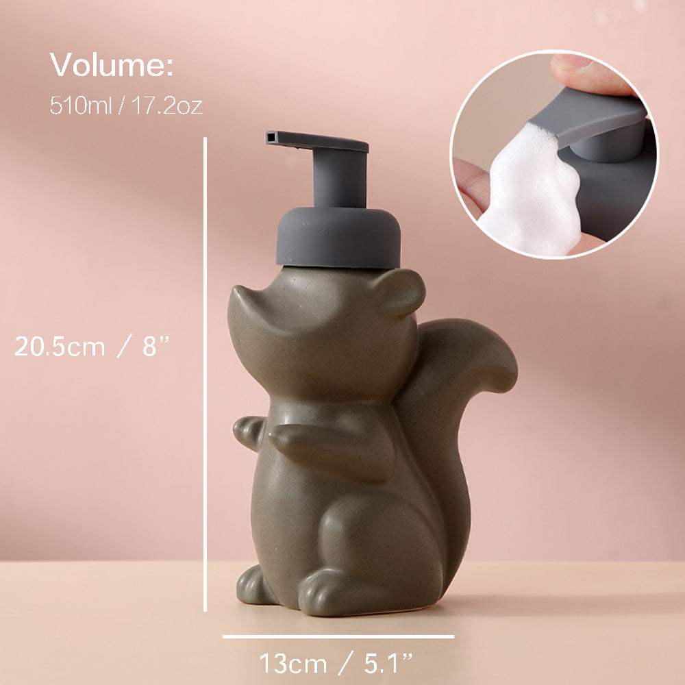 BowLift | Ceramic Soap Dispenser, Squirrel Foam Pump Bathroom Bottle, Animal Design, Refillable Reusable Lotion Pump for Bathroom Kitchen, 510ml/17.2oz