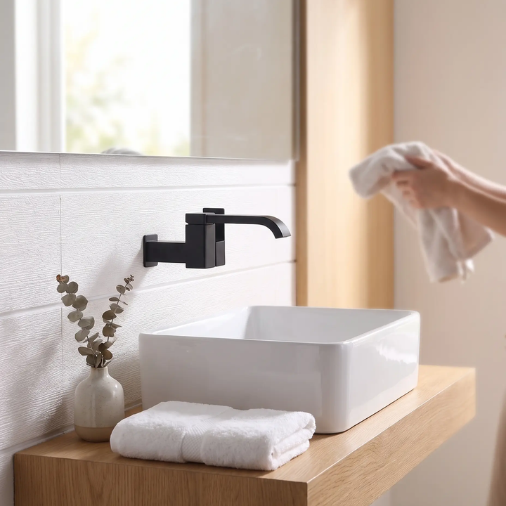 BowLift | Contemporary Wall Mounted Bathroom Faucet Lever Handles Low Arc Swivel Brass Faucet