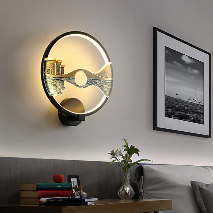 BowLift | Black/White Round Wall Light LED Acrylic Wall Mount Lamp with Chinese Landscape Pattern, 12 Diameter"