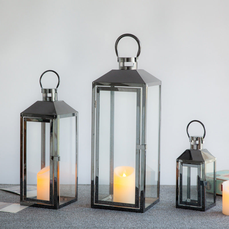 Decorative Gold-Trimmed Glass Lantern Trio with Hinged Door and Carry Ring Bowlift