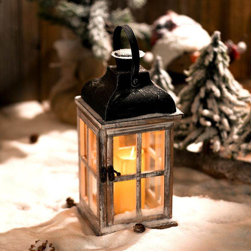 Distressed Wood Glass Candle Lantern with Perforated Metal Top and Vintage Latch Bowlift