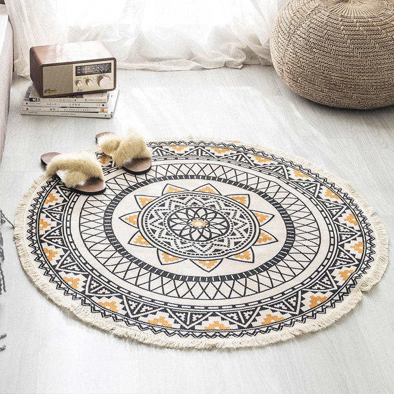 Multicolored tribal patterned rug made of cotton blend, ethnic rug, easy care, handwoven rug with fringes for the bedroom | Bowlift