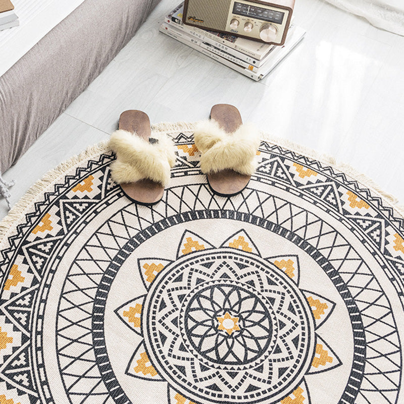 Multicolored tribal patterned rug made of cotton blend, ethnic rug, easy care, handwoven rug with fringes for the bedroom | Bowlift