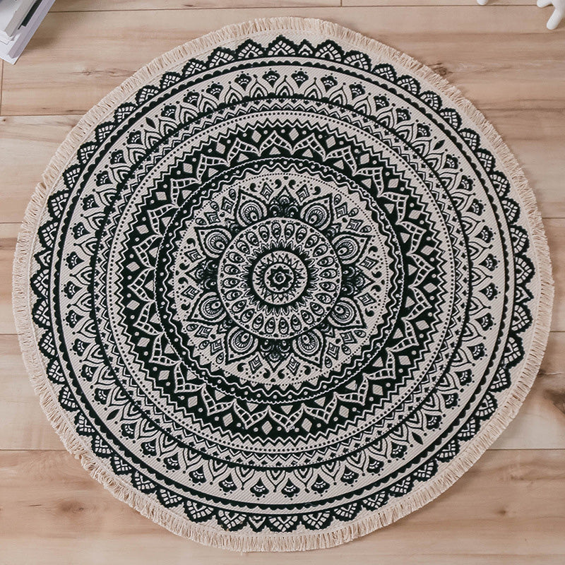 Moroccan Living Room Rug Multicolored Tribal Totem Print Rug Cotton Blend Machine Washable Rug with Fringes | Bowlift
