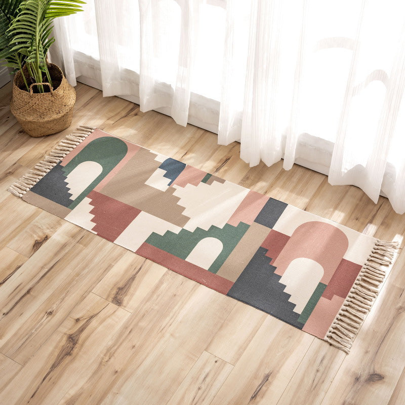 Nostalgia Tribal Pattern Carpet Multicolored Synthetic Carpet Pet Friendly Easy Care Carpet with Fringes for the Bedroom | Bowlift