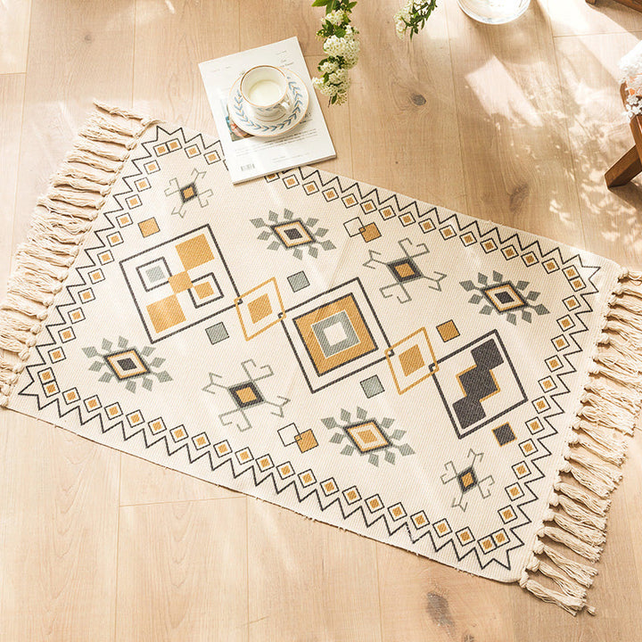 BowLift | Moroccan Bedroom Rug Multicolored Tribal Symbols Rug Cotton Blend Pet Friendly Eco-Friendly Area Rug with Fringes