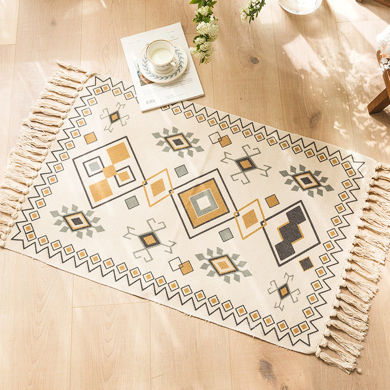Moroccan Bedroom Rug Multicolored Tribal Symbols Rug Cotton Blend Pet-Friendly Eco Area Rug with Tassels | Bowlift