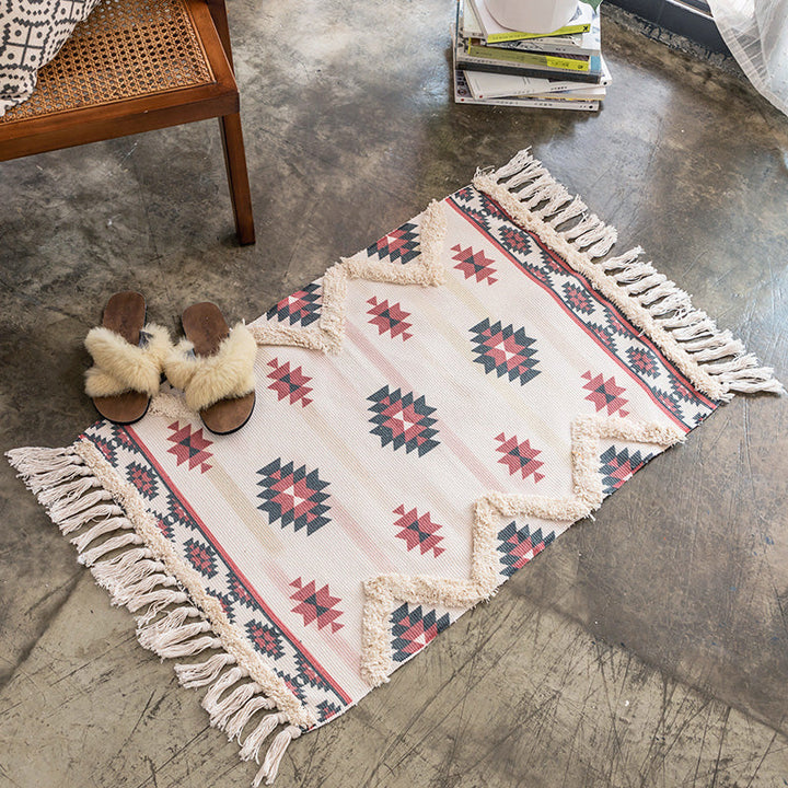 Moroccan Bedroom Rug Multicolored Tribal Symbols Rug Cotton Blend Pet-Friendly Eco Area Rug with Tassels | Bowlift