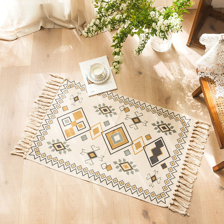 BowLift | Moroccan Bedroom Rug Multicolored Tribal Symbols Rug Cotton Blend Pet Friendly Eco-Friendly Area Rug with Fringes