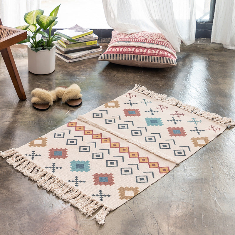 Moroccan Bedroom Rug Multicolored Tribal Symbols Rug Cotton Blend Pet-Friendly Eco Area Rug with Tassels | Bowlift