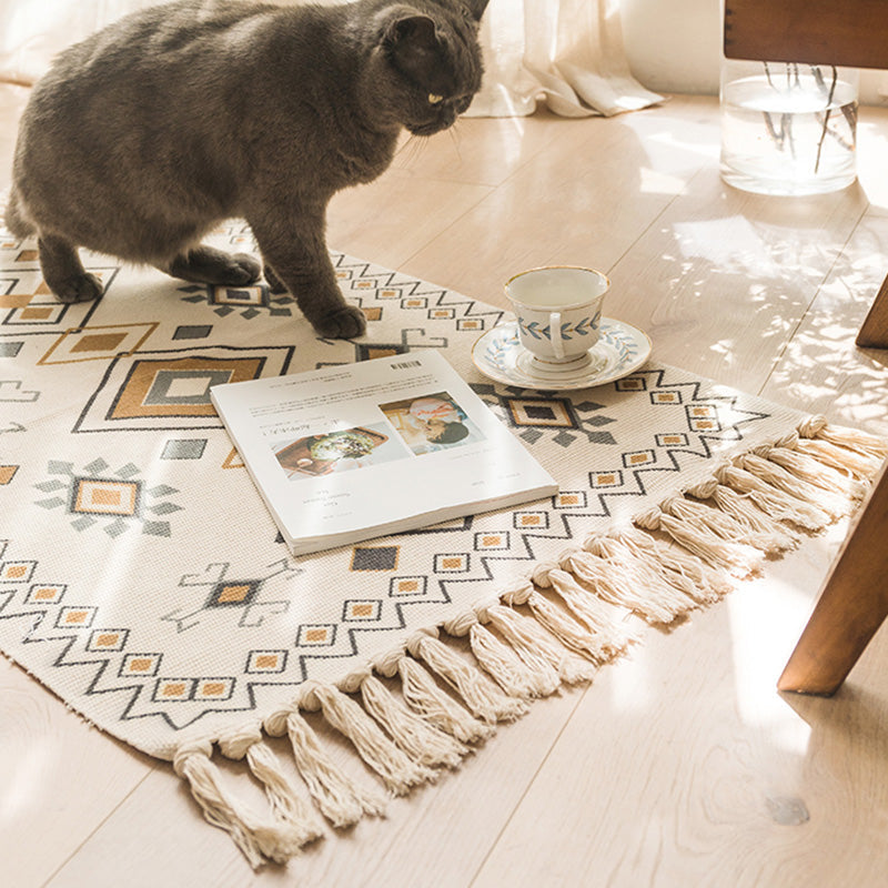 BowLift | Moroccan Bedroom Rug Multicolored Tribal Symbols Rug Cotton Blend Pet Friendly Eco-Friendly Area Rug with Fringes