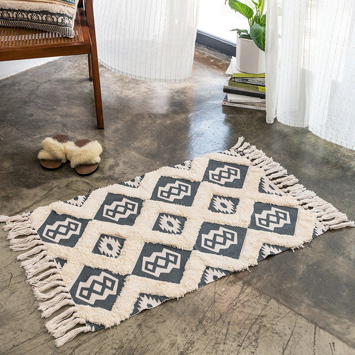 Moroccan Bedroom Rug Multicolored Tribal Symbols Rug Cotton Blend Pet-Friendly Eco Area Rug with Tassels | Bowlift