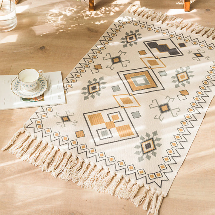 Moroccan Bedroom Rug Multicolored Tribal Symbols Rug Cotton Blend Pet-Friendly Eco Area Rug with Tassels | Bowlift