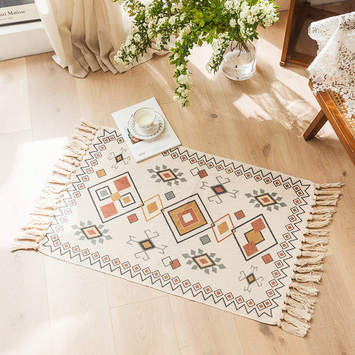 BowLift | Moroccan Bedroom Rug Multicolored Tribal Symbols Rug Cotton Blend Pet Friendly Eco-Friendly Area Rug with Fringes