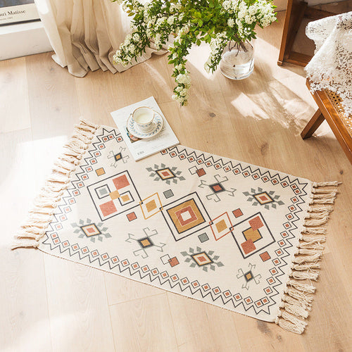 BowLift | Moroccan Bedroom Rug Multicolored Tribal Symbols Rug Cotton Blend Pet Friendly Eco-Friendly Area Rug with Fringes