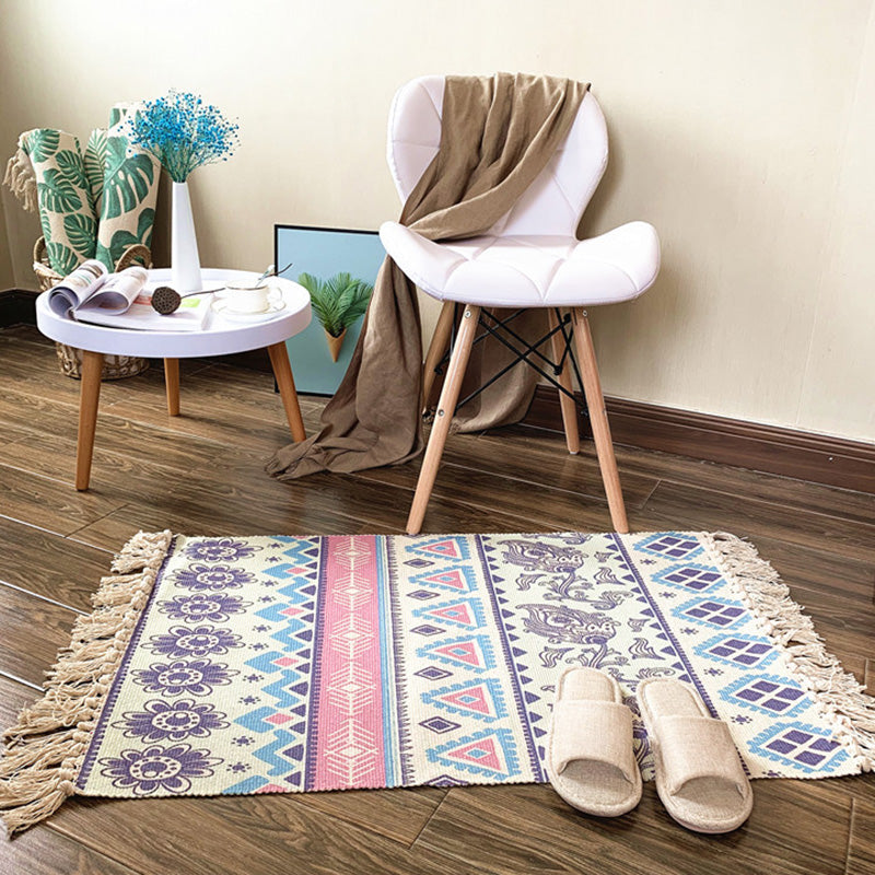 Western Bedroom Rug Multicolored Tribal Geo Rug Cotton Blend Easy Care Washable Rug with Fringes | Bowlift