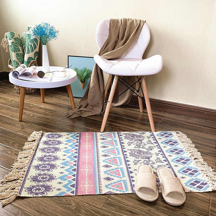 Western Bedroom Rug Multicolored Tribal Geo Rug Cotton Blend Easy Care Washable Rug with Fringes | Bowlift