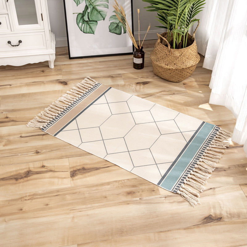 BowLift | Classic geometric printed rug Multicolored cotton blend rug easy to maintain washable rug with fringes for the bedroom