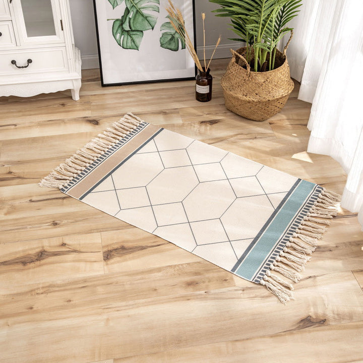 BowLift | Classic geometric printed rug Multicolored cotton blend rug easy to maintain washable rug with fringes for the bedroom