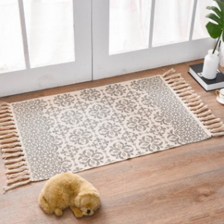BowLift | Classic geometric printed rug Multicolored cotton blend rug easy to maintain washable rug with fringes for the bedroom