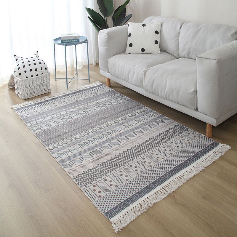 Western Living Room Rug Multicolored Geo Pattern Rug Cotton Blend Washable Handwoven Rug with Fringes | Bowlift