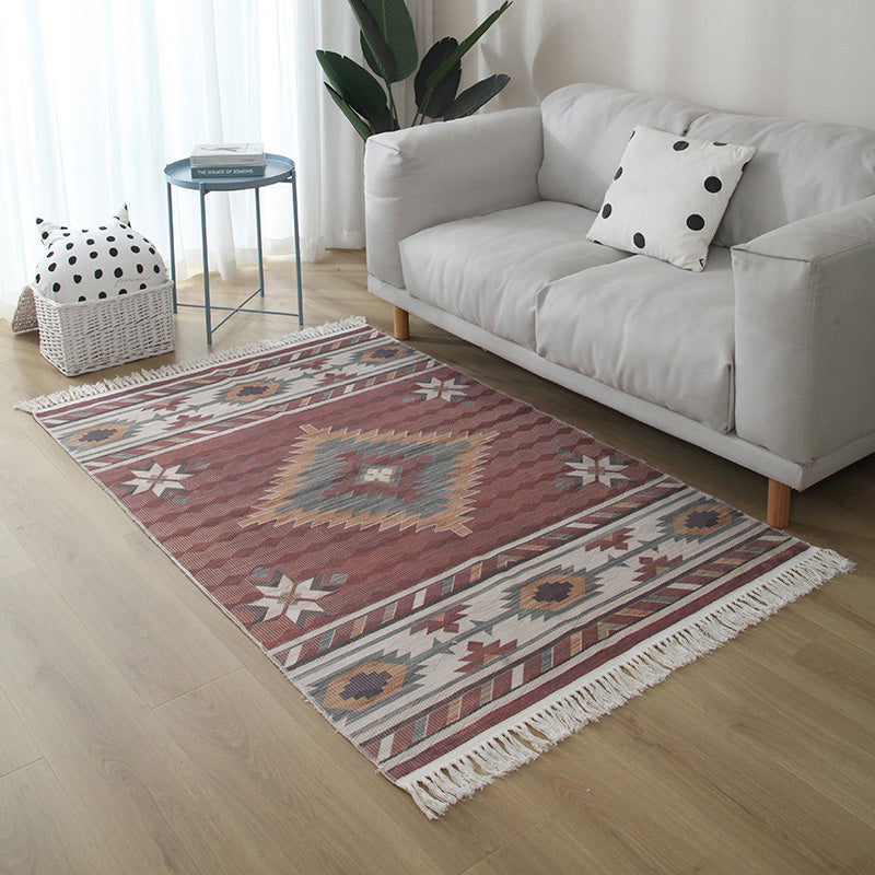 Western Living Room Rug Multicolored Geo Pattern Rug Cotton Blend Washable Handwoven Rug with Fringes | Bowlift