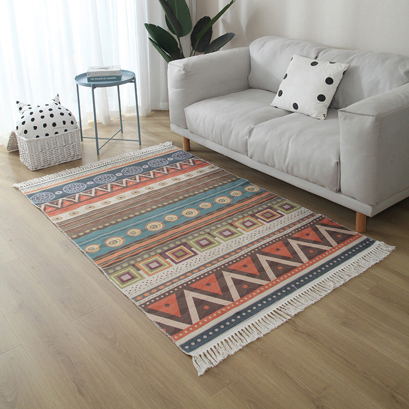 Western Living Room Rug Multicolored Geo Pattern Rug Cotton Blend Washable Handwoven Rug with Fringes | Bowlift