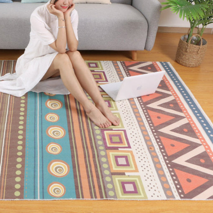 Multicolor living room wallpaper Moroccan geometric print rug cotton blend machine washable braided rug | Bowlift