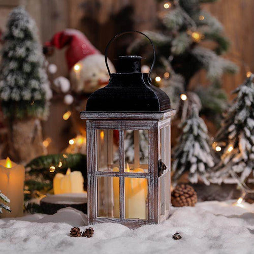 Vintage Farmhouse Glass-Paneled Wooden Lantern with Metal Roof Candle Holder Bowlift