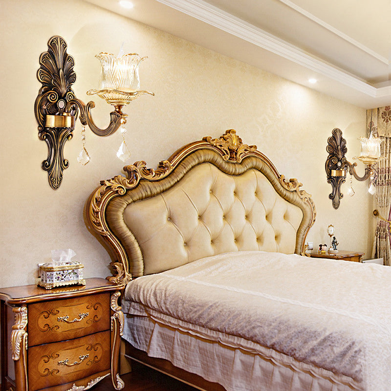 BowLift | 1/2-Light Living Room Wall Mount Lamp Vintage Style Brass Wall Light with Flower Clear Structured Glass Shade