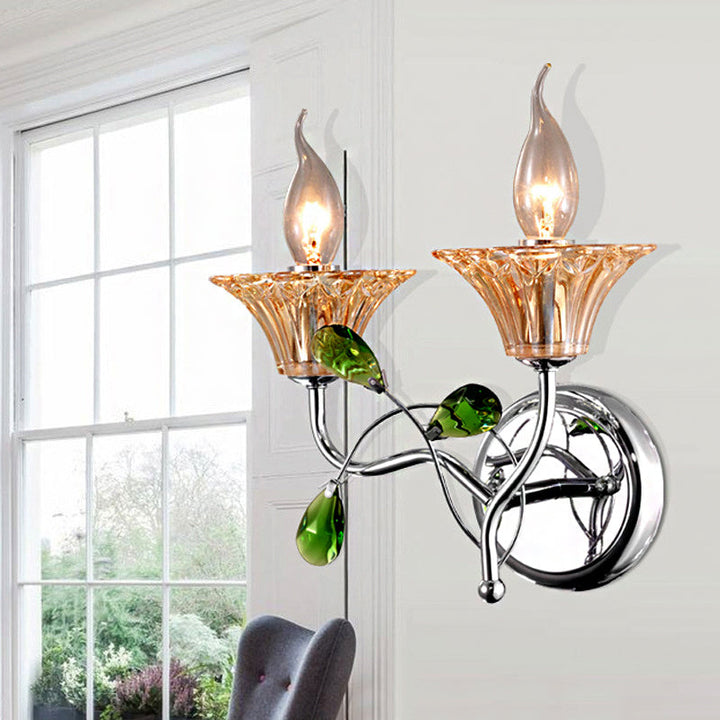 BowLift | Bell Amber Glass Wall Light Vintage Stylish 2 Light Chrome Wall Lamp with Green Drop Crystal Decor