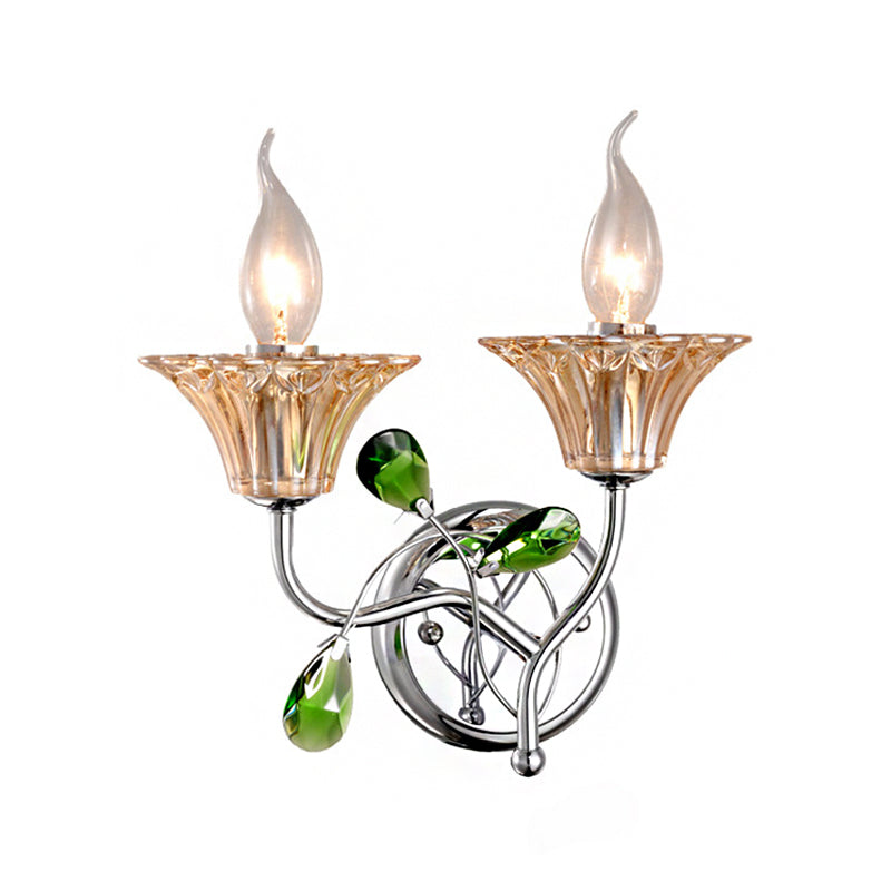 BowLift | Bell Amber Glass Wall Light Vintage Stylish 2 Light Chrome Wall Lamp with Green Drop Crystal Decor