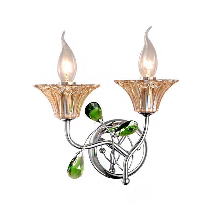 BowLift | Bell Amber Glass Wall Light Vintage Stylish 2 Light Chrome Wall Lamp with Green Drop Crystal Decor