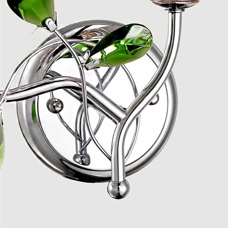 BowLift | Bell Amber Glass Wall Light Vintage Stylish 2 Light Chrome Wall Lamp with Green Drop Crystal Decor