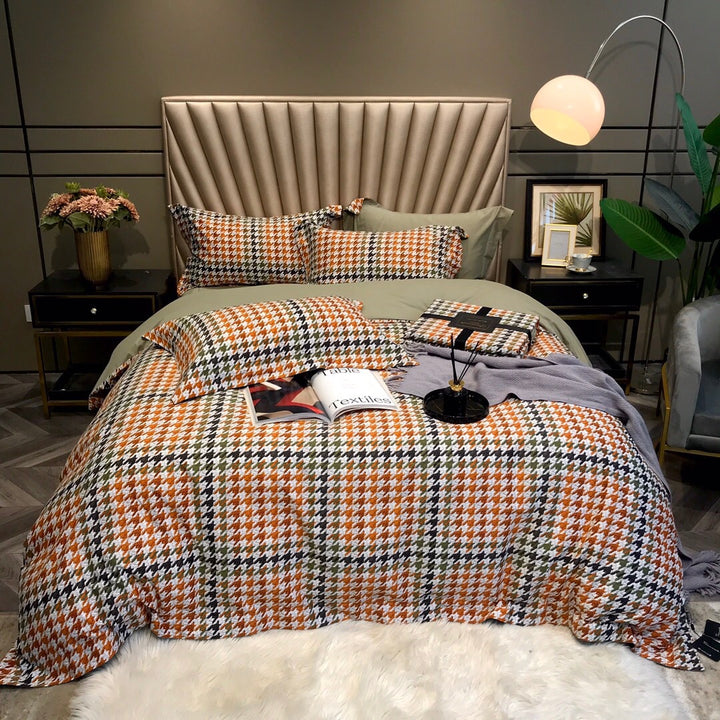Houndstooth Plaid Reversible Duvet Cover Bedding Set with Solid Sateen Back & Envelope Shams
