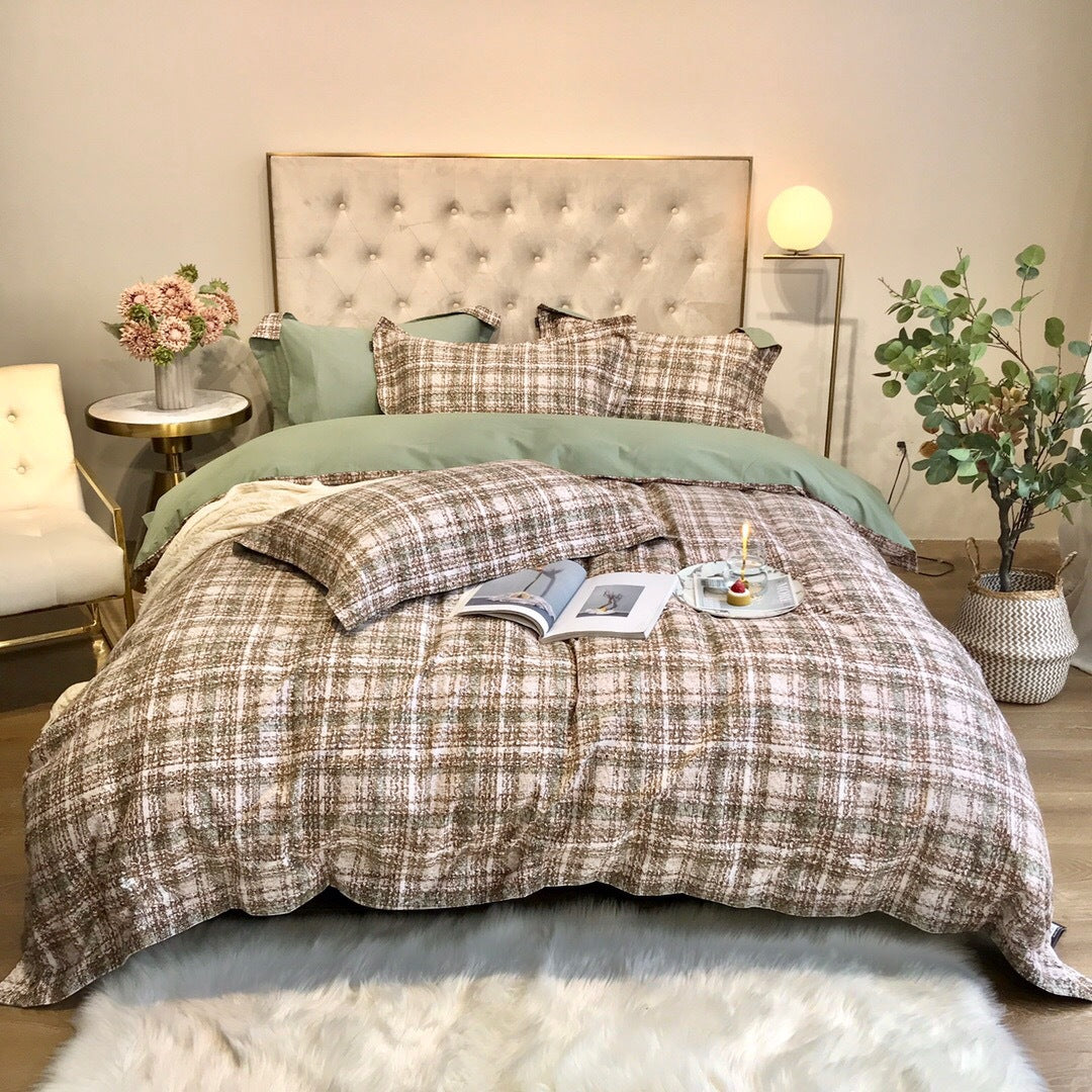 Houndstooth Plaid Reversible Duvet Cover Bedding Set with Solid Sateen Back & Envelope Shams