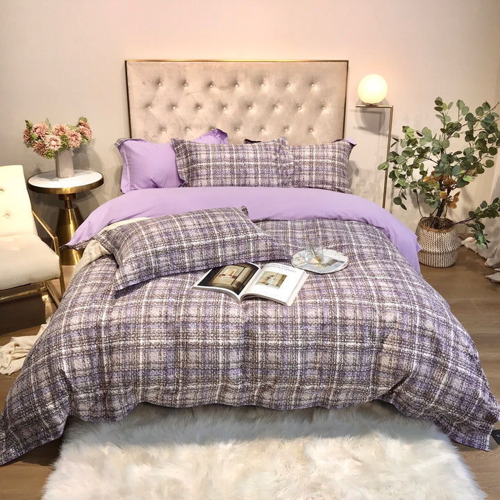 Houndstooth Plaid Reversible Duvet Cover Bedding Set with Solid Sateen Back & Envelope Shams