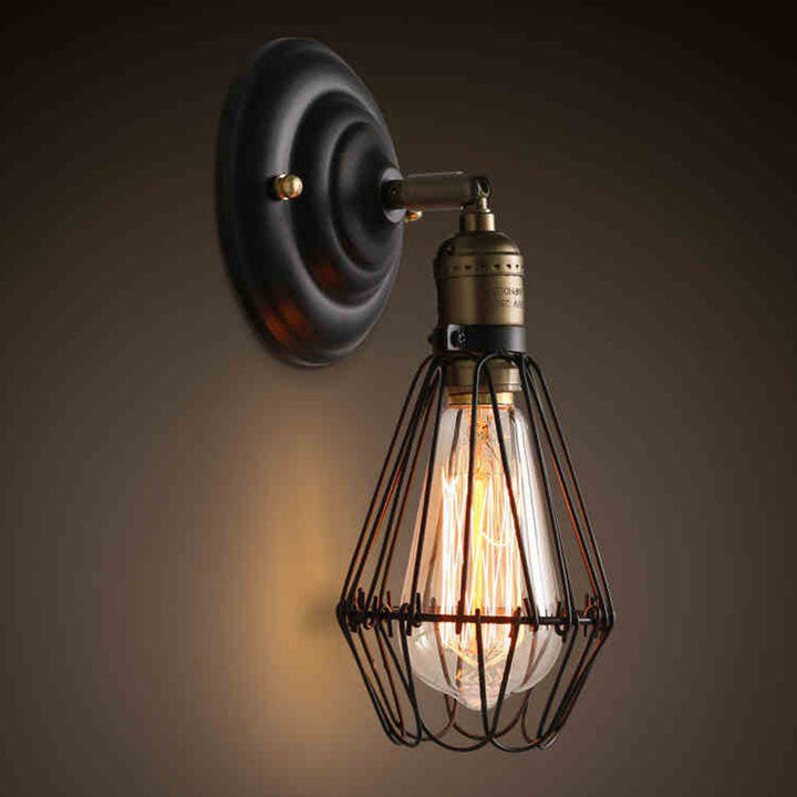 BowLift | One-bulb wall-mounted light industrial pear cage iron wall light fixture in black