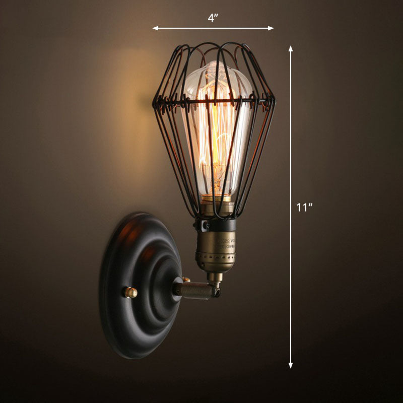 BowLift | One-bulb wall-mounted light industrial pear cage iron wall light fixture in black