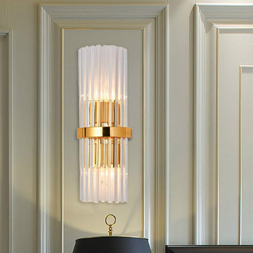 BowLift | 2 Light Living Room Wall Mounted Lamp Modern Brass Finish Wall Light with Cylindrical Clear Crystal Shade