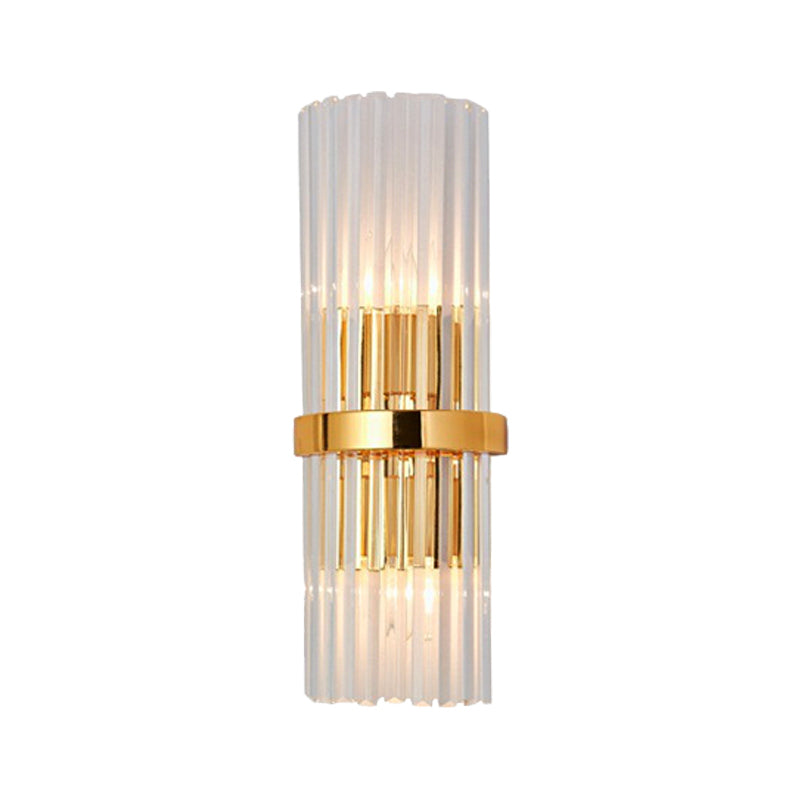 BowLift | 2 Light Living Room Wall Mounted Lamp Modern Brass Finish Wall Light with Cylindrical Clear Crystal Shade