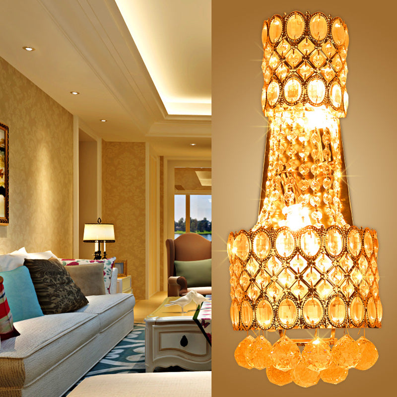 BowLift | Beaded Wall Mount Light Vintage Metal 2 Bulbs Gold Wall Light with Cascading Clear Crystal Accents for Hallway