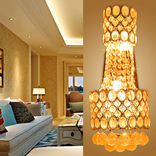 BowLift | Beaded Wall Mount Light Vintage Metal 2 Bulbs Gold Wall Light with Cascading Clear Crystal Accents for Hallway