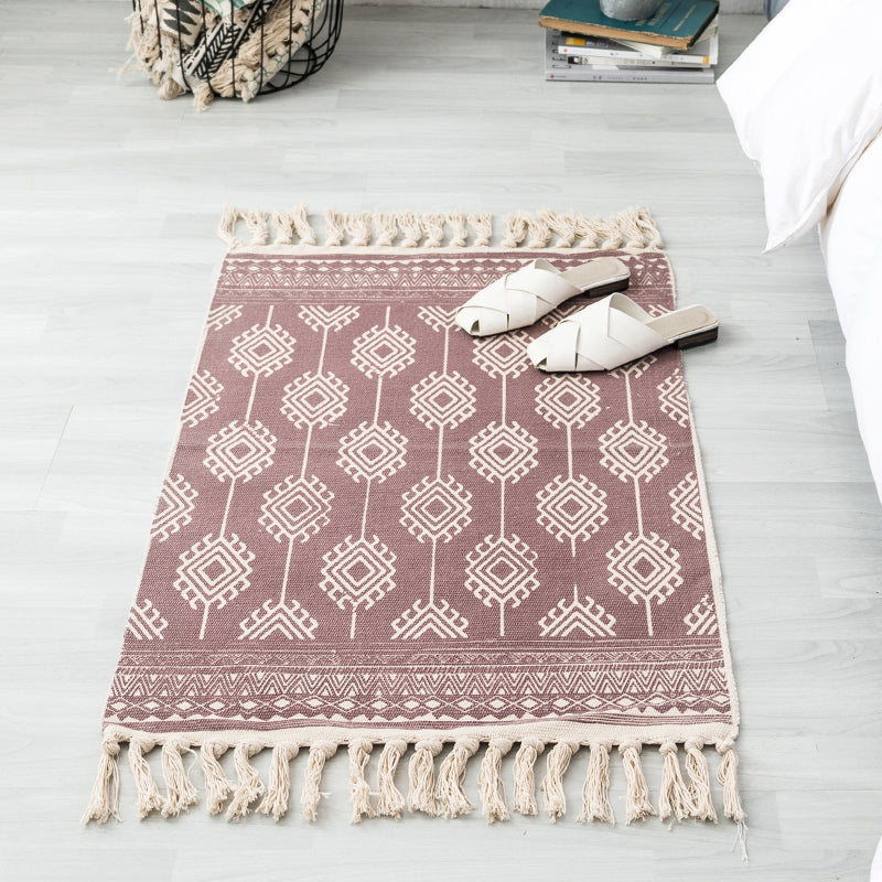BowLift | Ethnic geometric pattern rug Multi-color cotton blend area rug machine washable handwoven rug with fringes for room