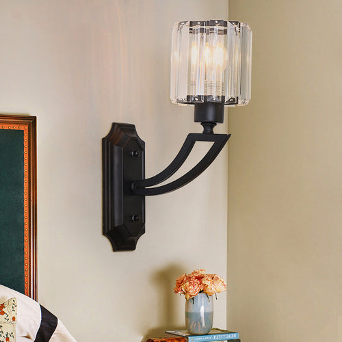 BowLift | Cylindrical Clear Crystal Wall Lamp Modernist Style 1 Light Black/Gold Finish Wall Lighting Fixture with Curved Arm