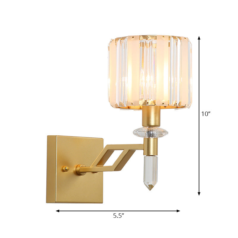 BowLift | Cylindrical Clear Crystal Wall Lamp Modernist Style 1 Light Black/Gold Finish Wall Lighting Fixture with Curved Arm
