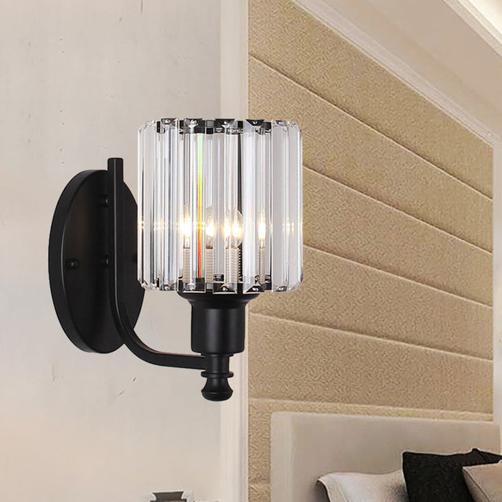 BowLift | Modernist Cylinder Wall Light Clear Crystal 1 Head Bedroom Wall Mounted Light with Curved Arm in Black/Gold