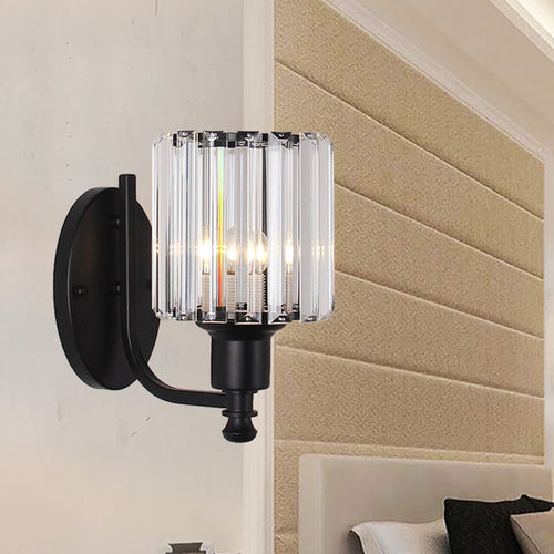 BowLift | Modernist Cylinder Wall Light Clear Crystal 1 Head Bedroom Wall Mounted Light with Curved Arm in Black/Gold