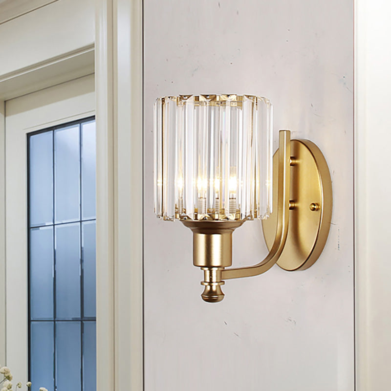 BowLift | Modernist Cylinder Wall Light Clear Crystal 1 Head Bedroom Wall Mounted Light with Curved Arm in Black/Gold